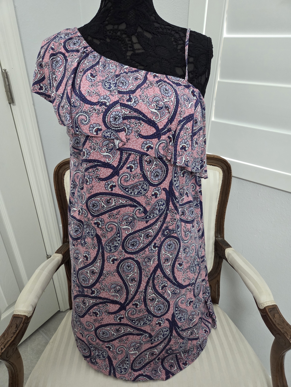 Xhilaration Pink and Navy Paisley One-Shoulder Dress